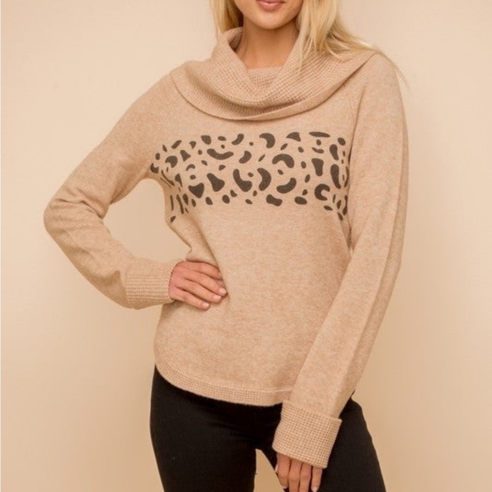 NEW! Women’s Boutique Taupe Cowl Neck Animal Print Sweater M
